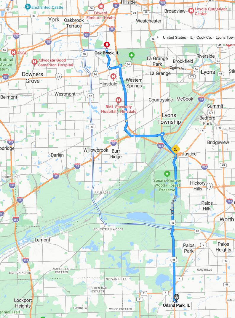 driving from Orland Park, Illinois to Oak BrookIllinois - map and route
