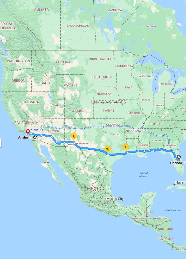 driving from Orlando, Florida to AnaheimCalifornia - map and route