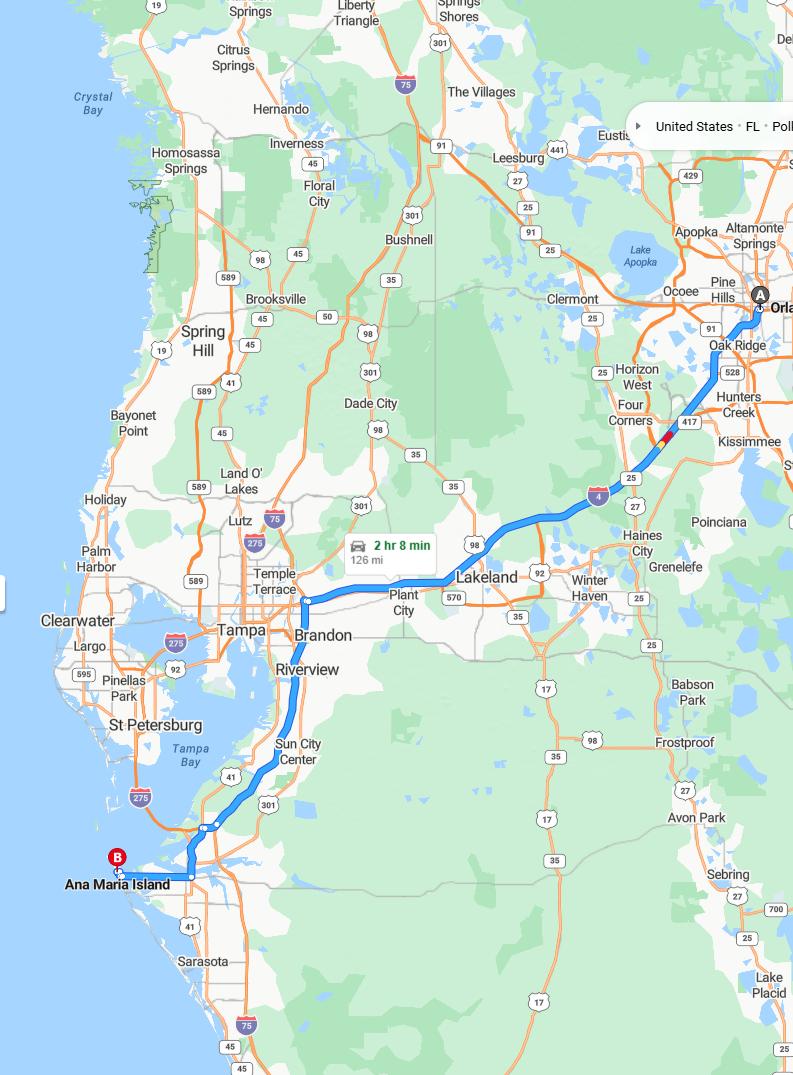 driving from Orlando, Florida to Anna Maria IslandFlorida - map and route