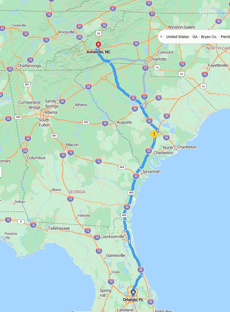 driving from Orlando, Florida to AshevilleNorth Carolina - map and route