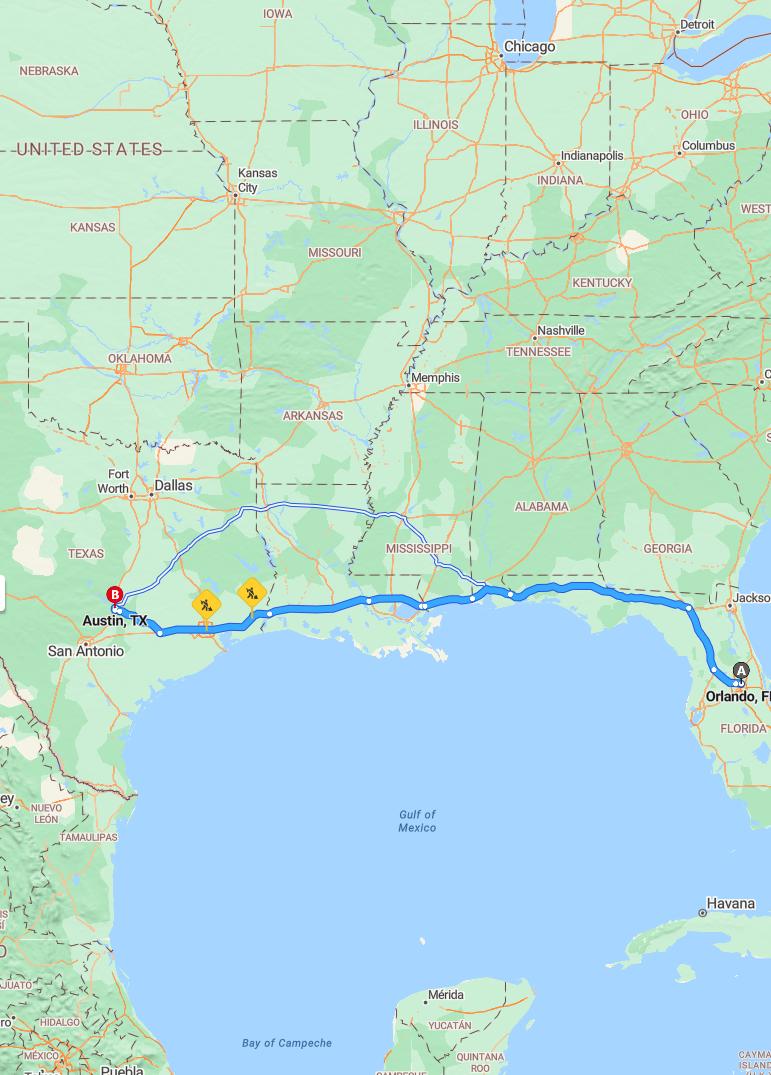 driving from Orlando, Florida to AustinTexas - map and route