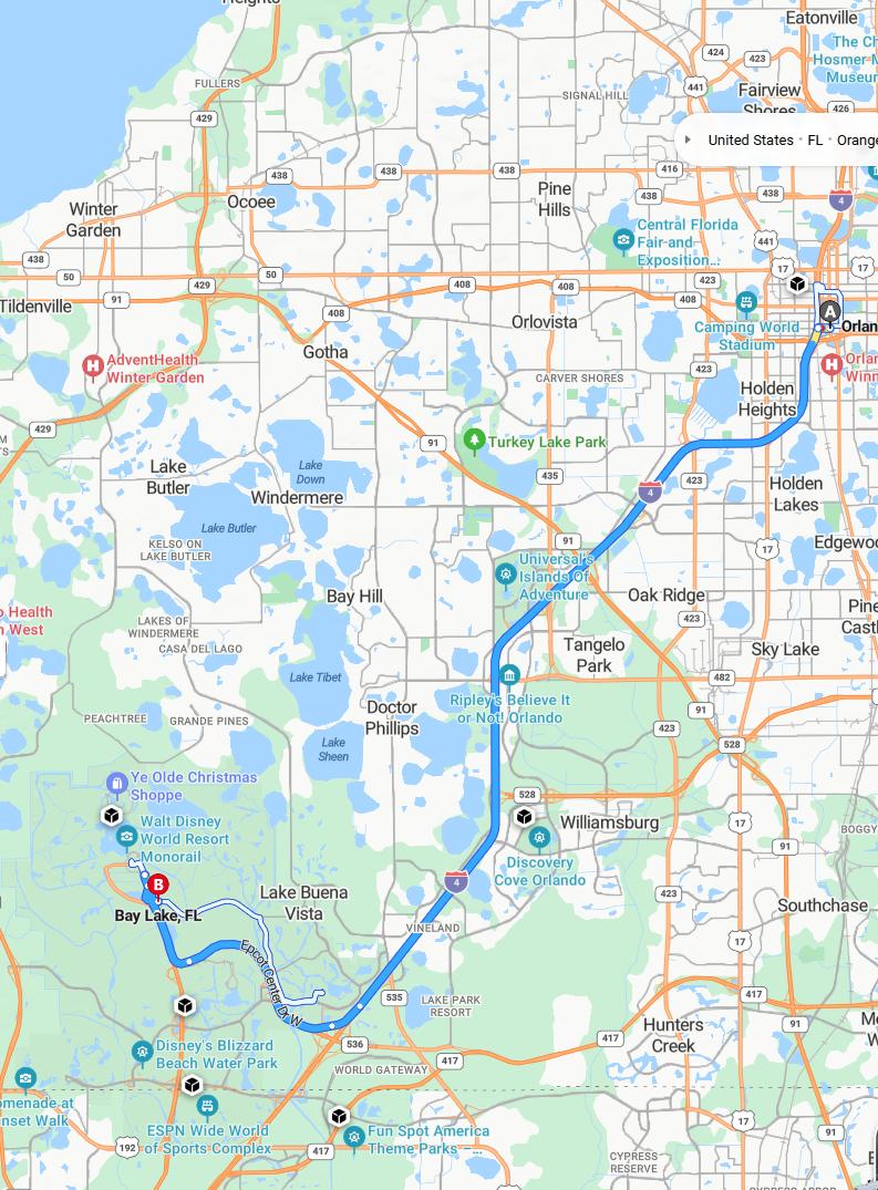 driving from Orlando, Florida to Bay LakeFlorida - map and route