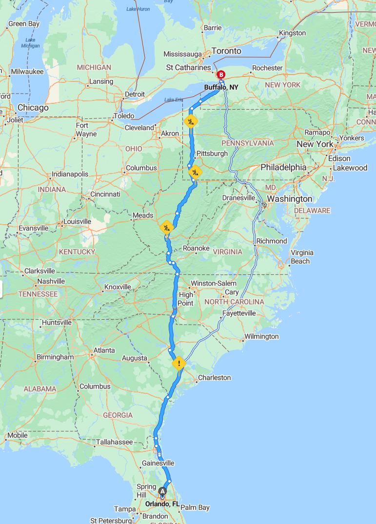 driving from Orlando, Florida to BuffaloNew York - map and route