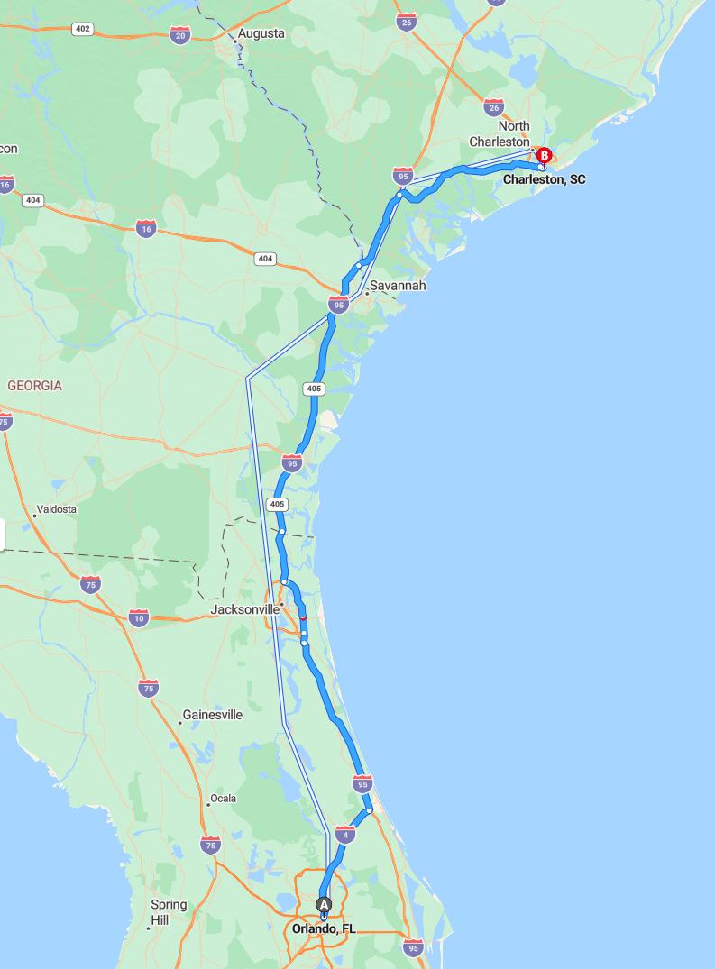driving from Orlando, Florida to CharlestonSouth Carolina - map and route