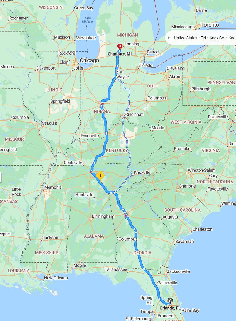 driving from Orlando, Florida to CharlotteMichigan - map and route