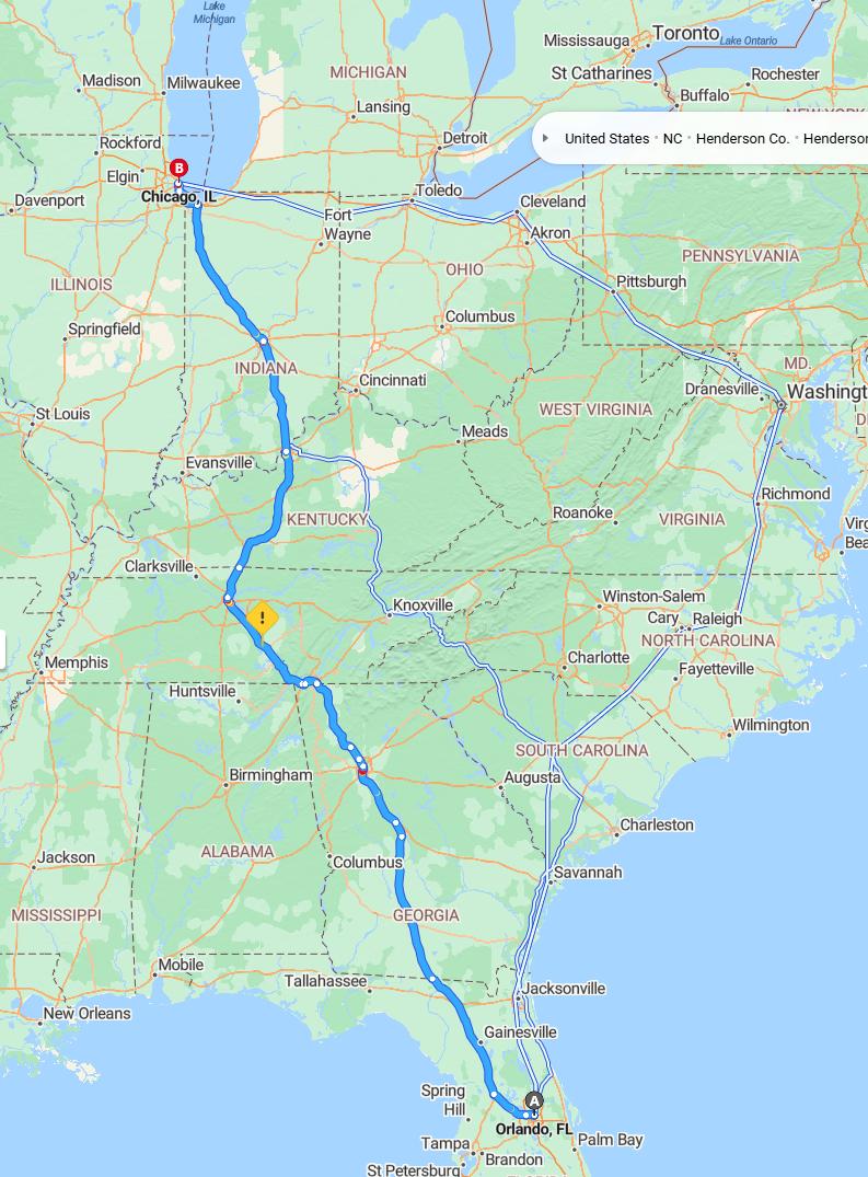 driving from Orlando, Florida to ChicagoIllinois - map and route