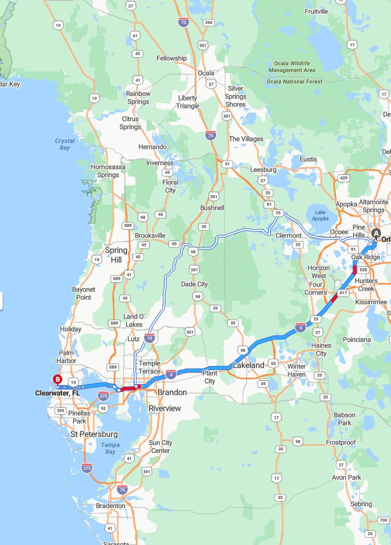 driving from Orlando, Florida to ClearwaterFlorida - map and route