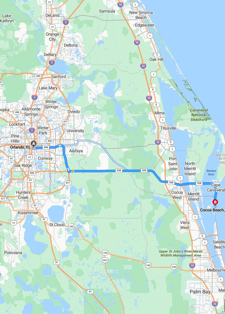 driving from Orlando, Florida to Cocoa BeachFlorida - map and route