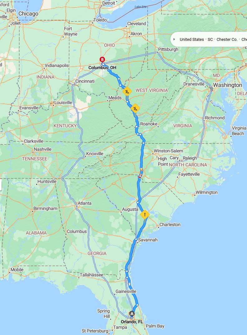 driving from Orlando, Florida to ColumbusOhio - map and route