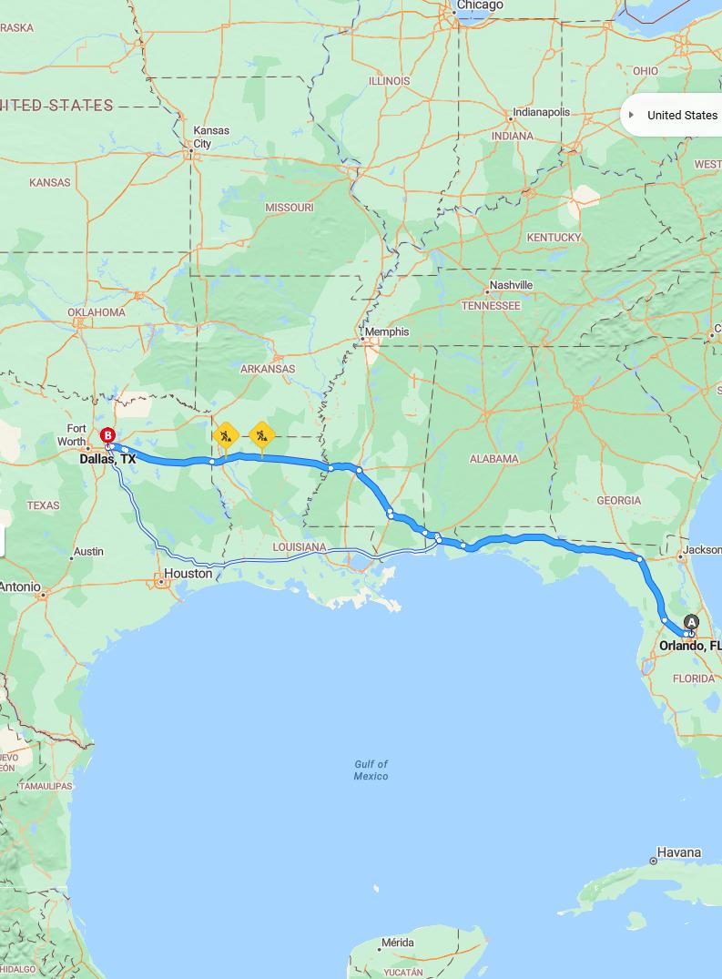 driving from Orlando, Florida to DallasTexas - map and route