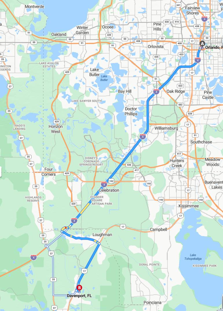 driving from Orlando, Florida to DavenportFlorida - map and route