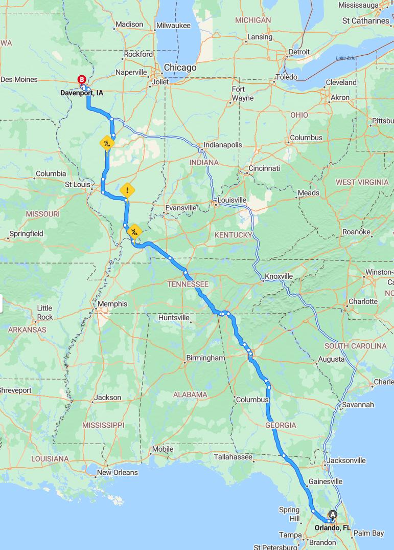 driving from Orlando, Florida to DavenportIowa - map and route