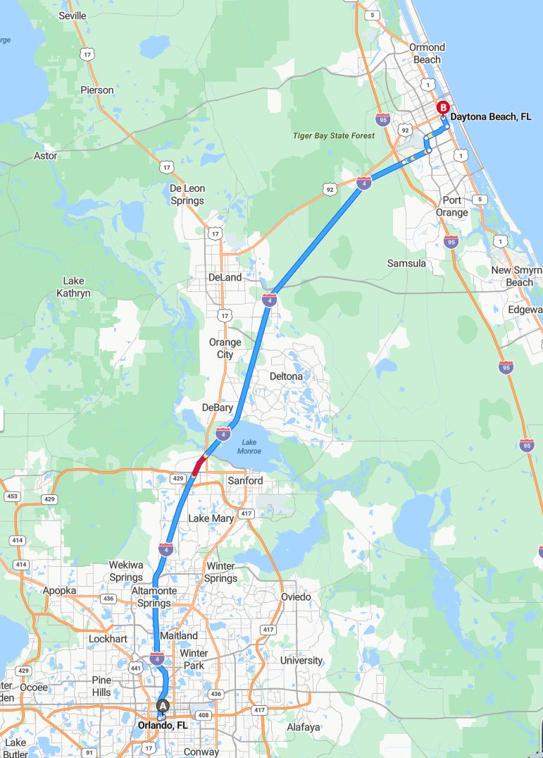 driving from Orlando, Florida to Daytona BeachFlorida - map and route