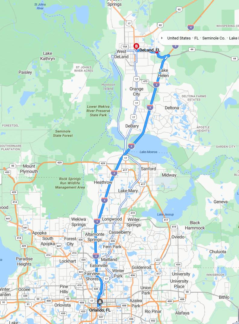 driving from Orlando, Florida to DeLandFlorida - map and route