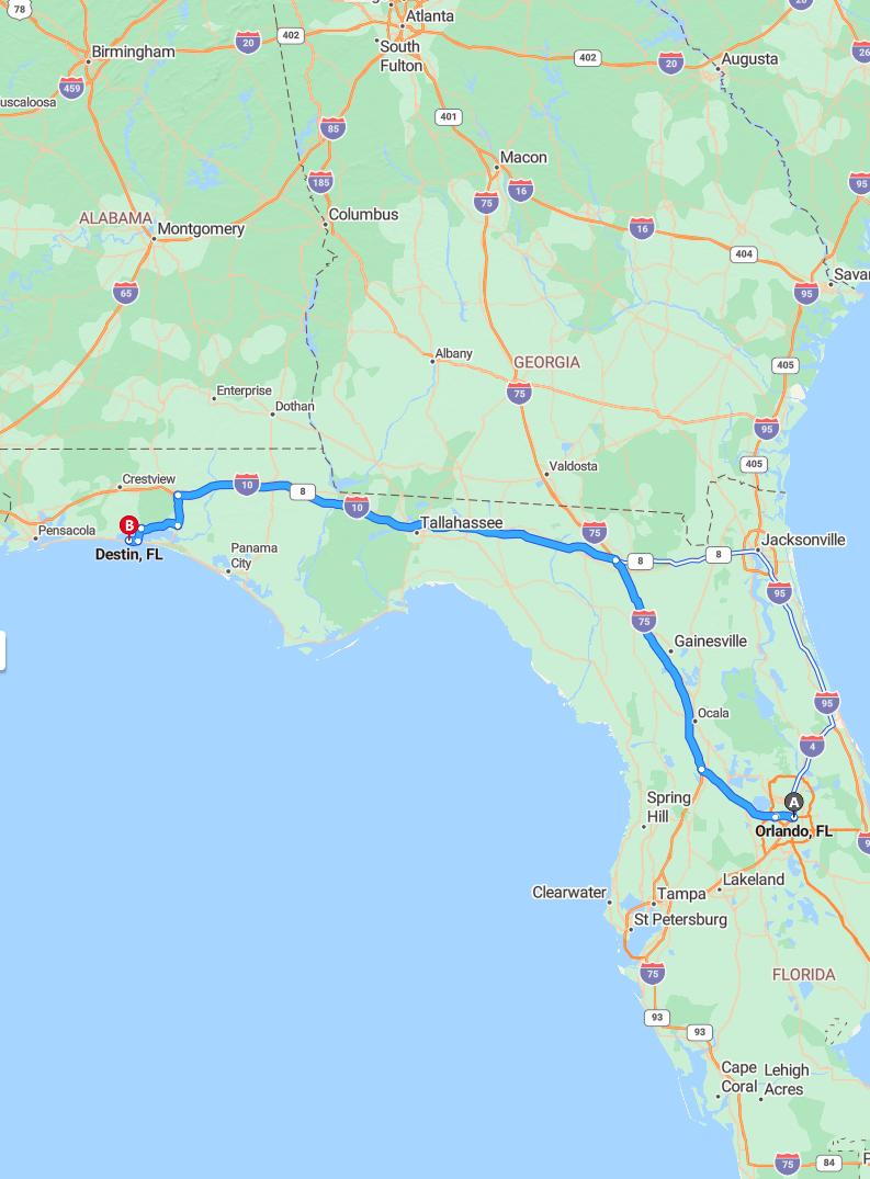 driving from Orlando, Florida to DestinFlorida - map and route