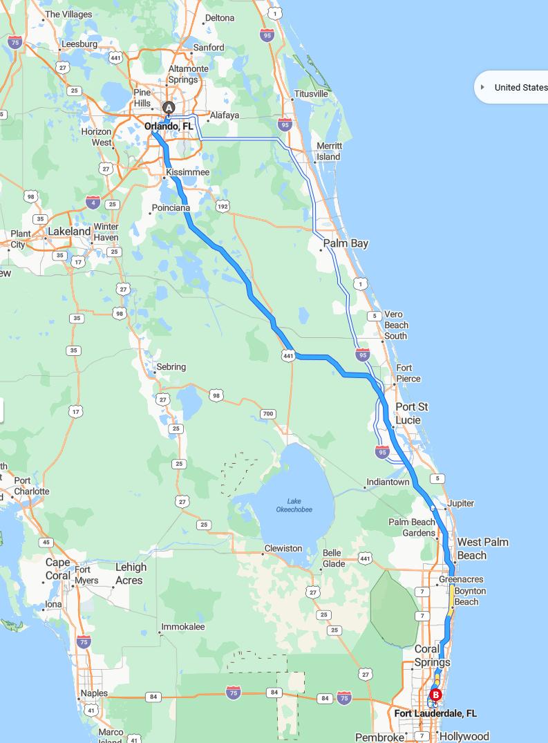 driving from Orlando, Florida to Fort LauderdaleFlorida - map and route