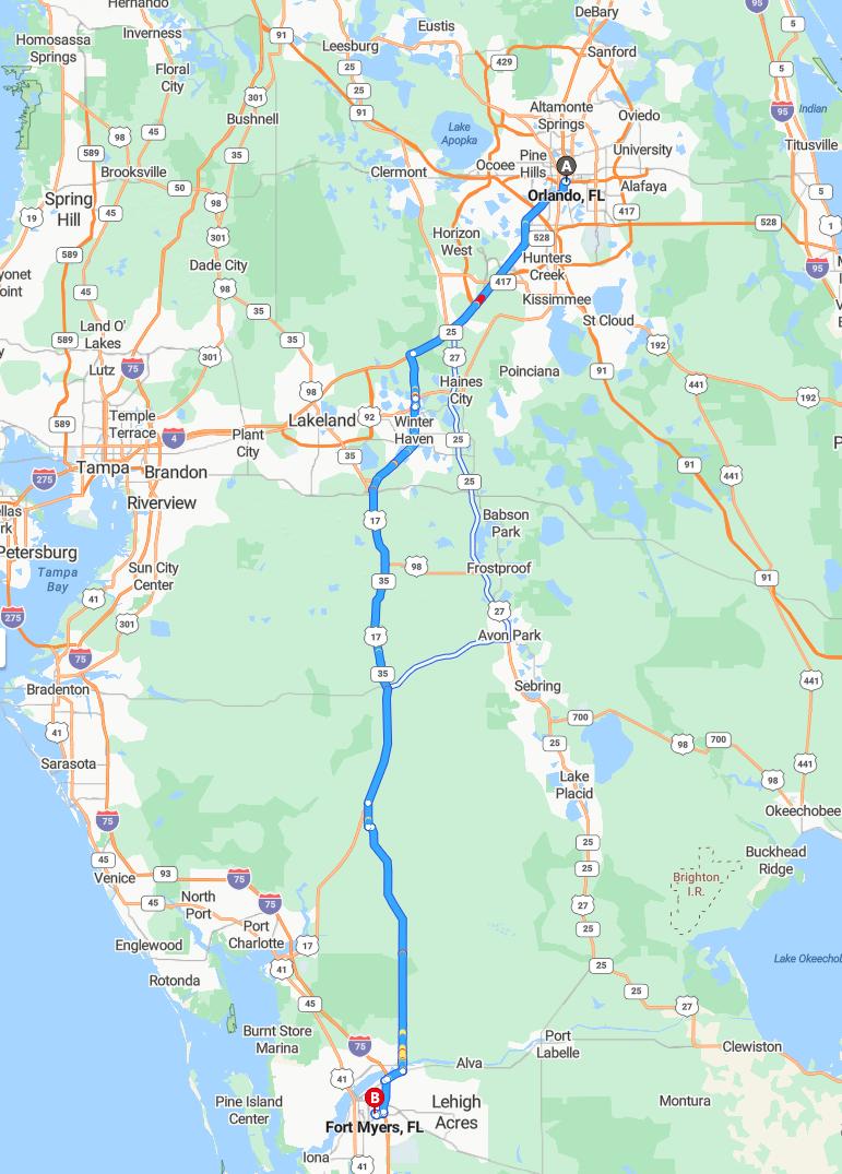 driving from Orlando, Florida to Fort MyersFlorida - map and route