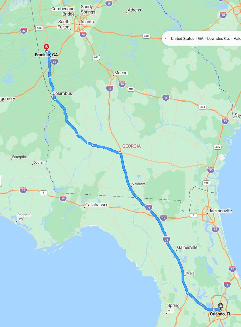 driving from Orlando, Florida to FranklinGeorgia - map and route