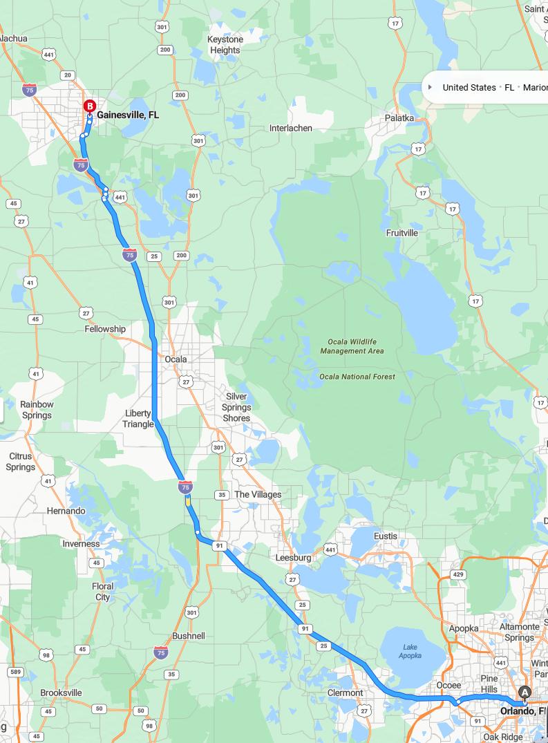 driving from Orlando, Florida to GainesvilleFlorida - map and route