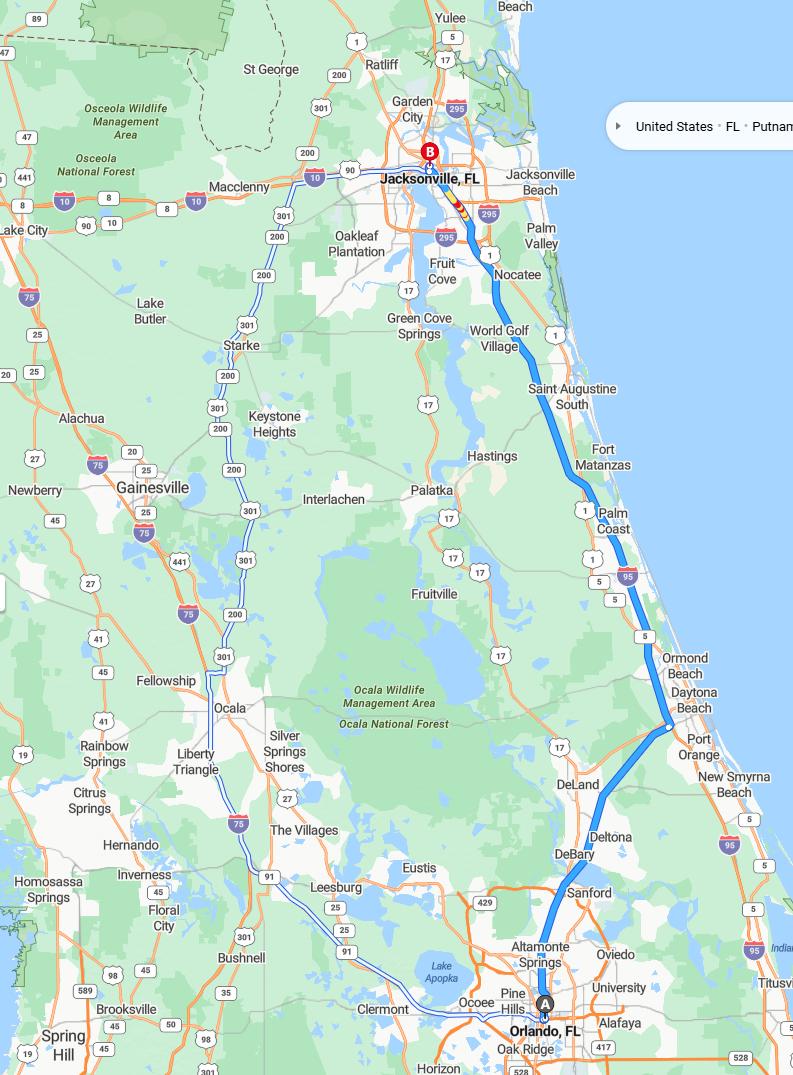 driving from Orlando, Florida to JacksonvilleFlorida - map and route