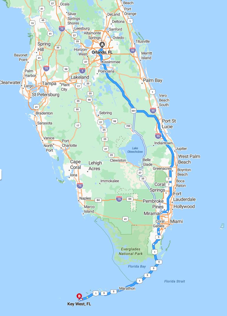 driving from Orlando, Florida to Key WestFlorida - map and route