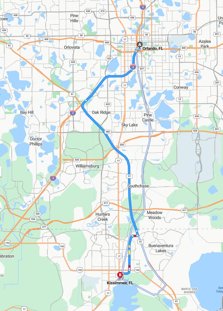 driving from Orlando, Florida to KissimmeeFlorida - map and route