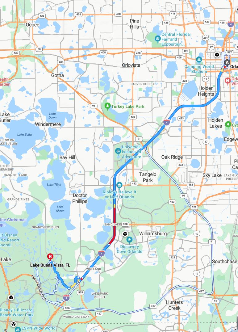 driving from Orlando, Florida to Lake Buena VistaFlorida - map and route