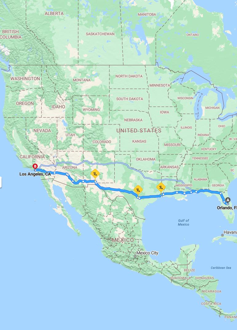driving from Orlando, Florida to Los AngelesCalifornia - map and route