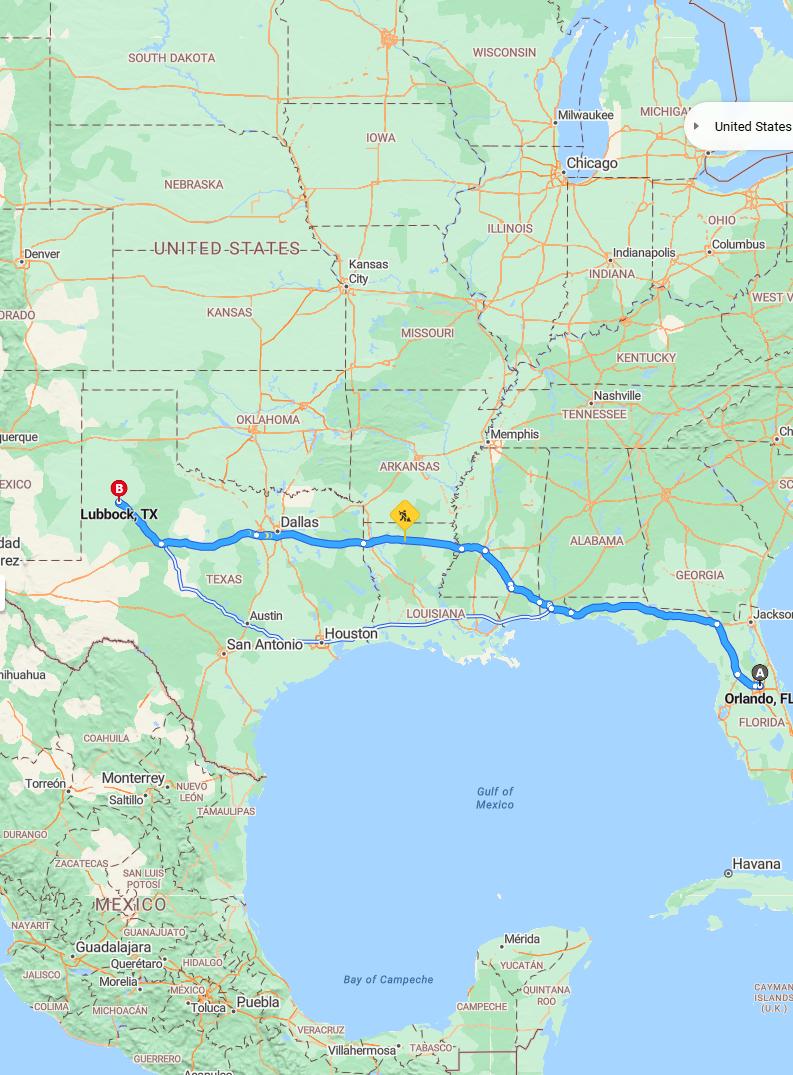driving from Orlando, Florida to LubbockTexas - map and route