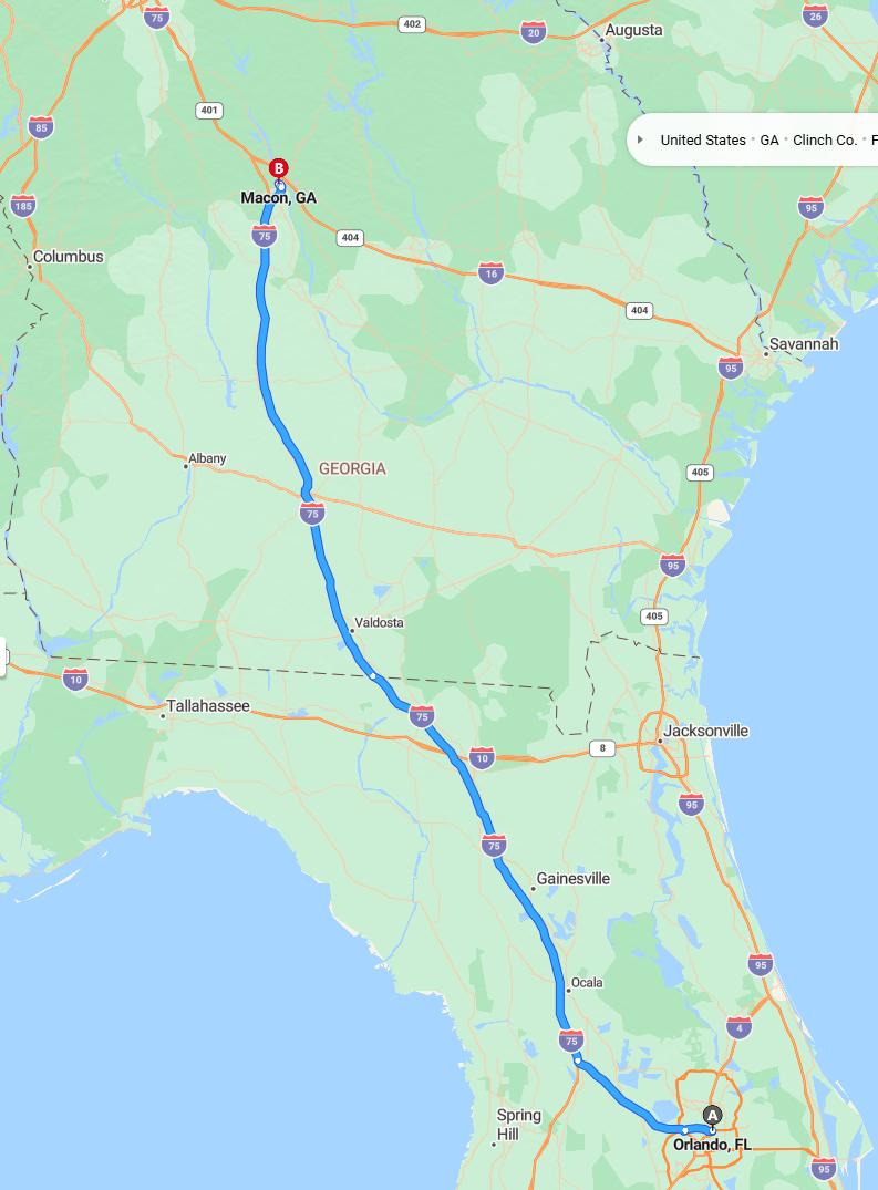 driving from Orlando, Florida to MaconGeorgia - map and route