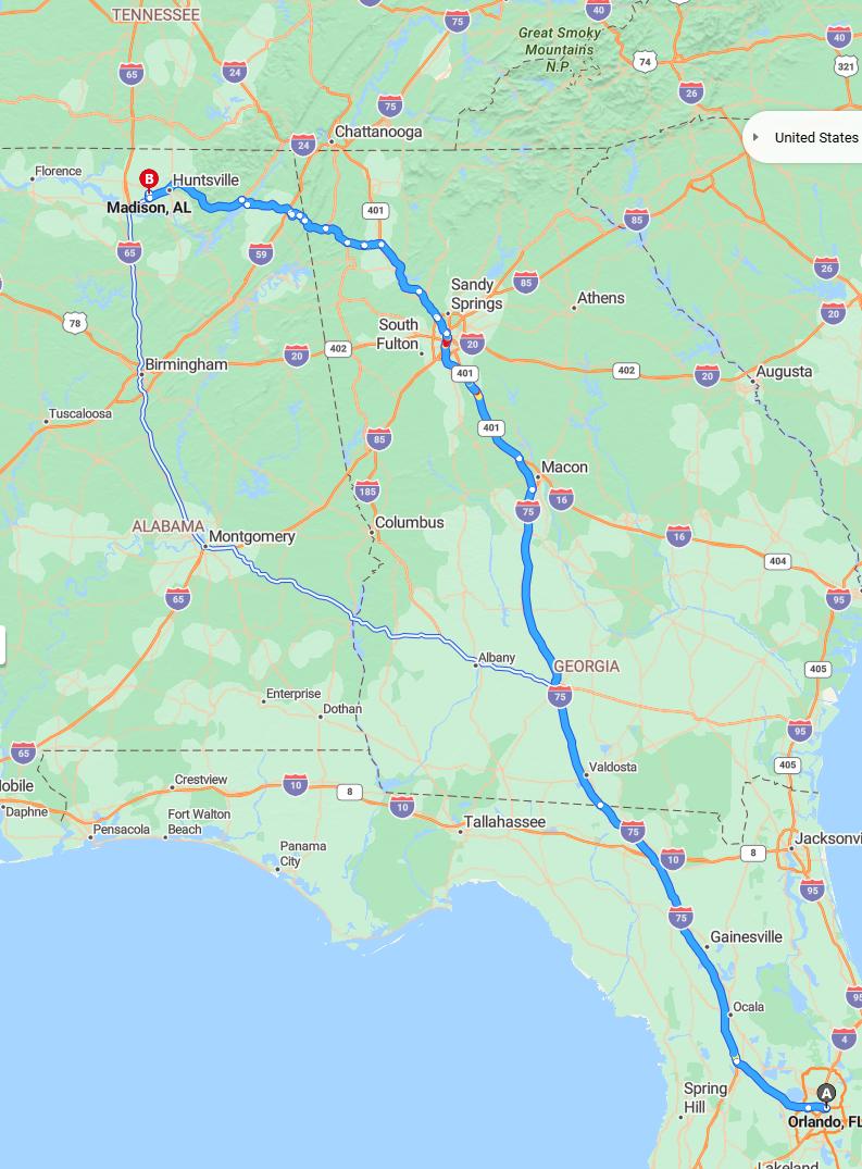 driving from Orlando, Florida to MadisonAlabama - map and route