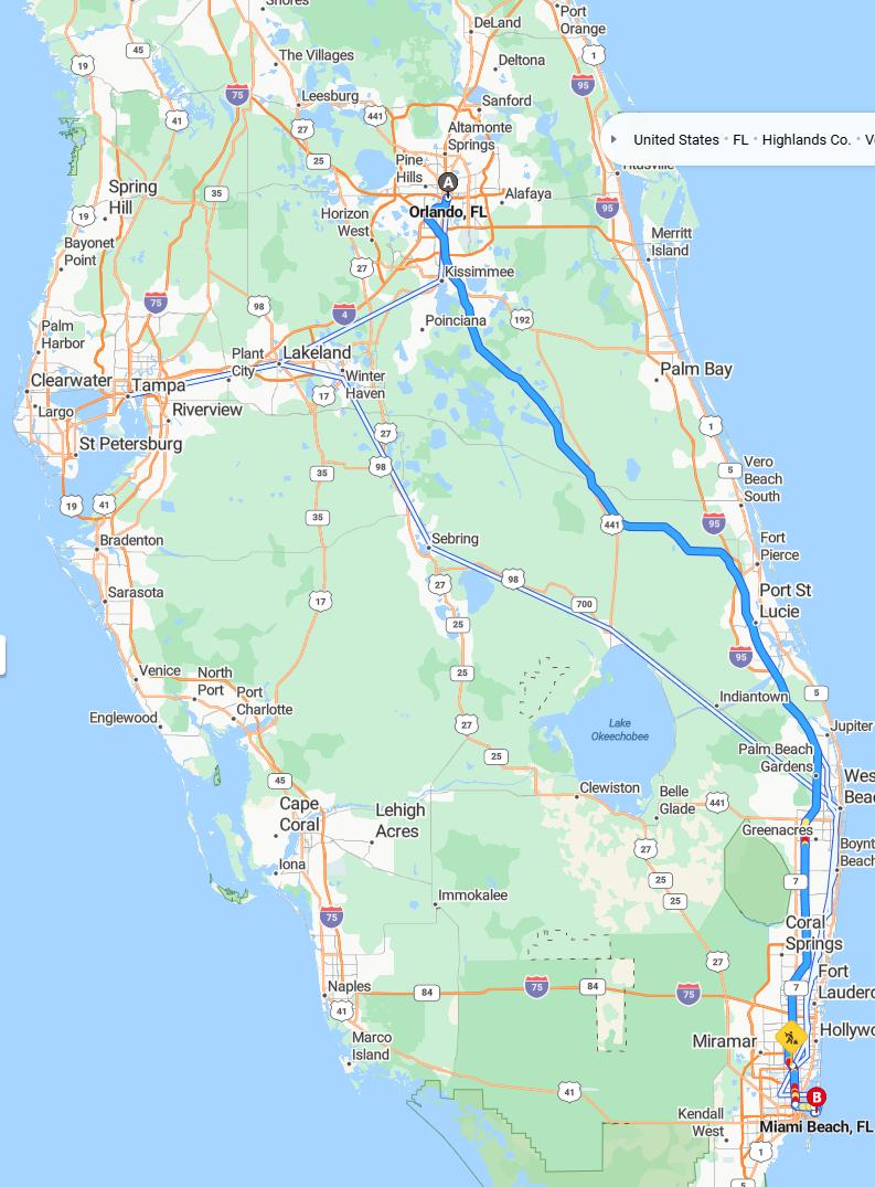 driving from Orlando, Florida to Miami BeachFlorida - map and route