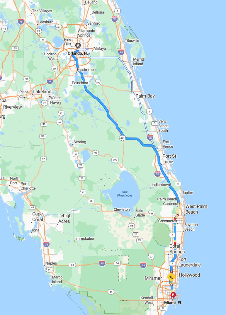 driving from Orlando, Florida to MiamiFlorida - map and route