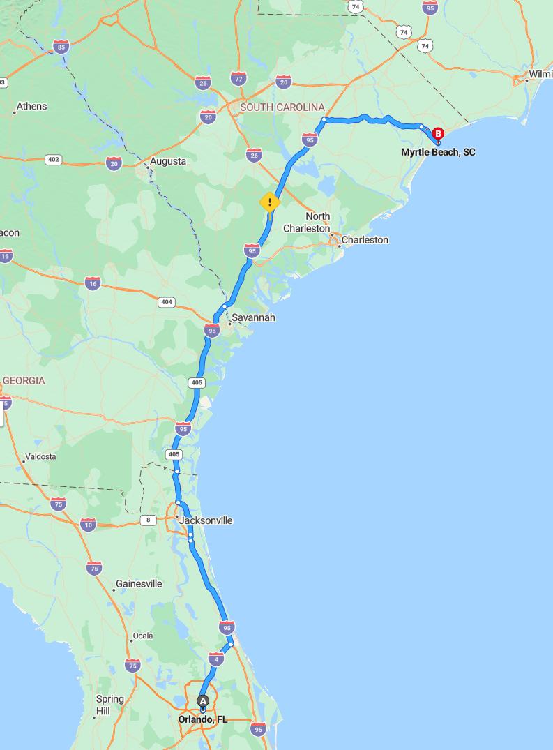 driving from Orlando, Florida to Myrtle BeachSouth Carolina - map and route