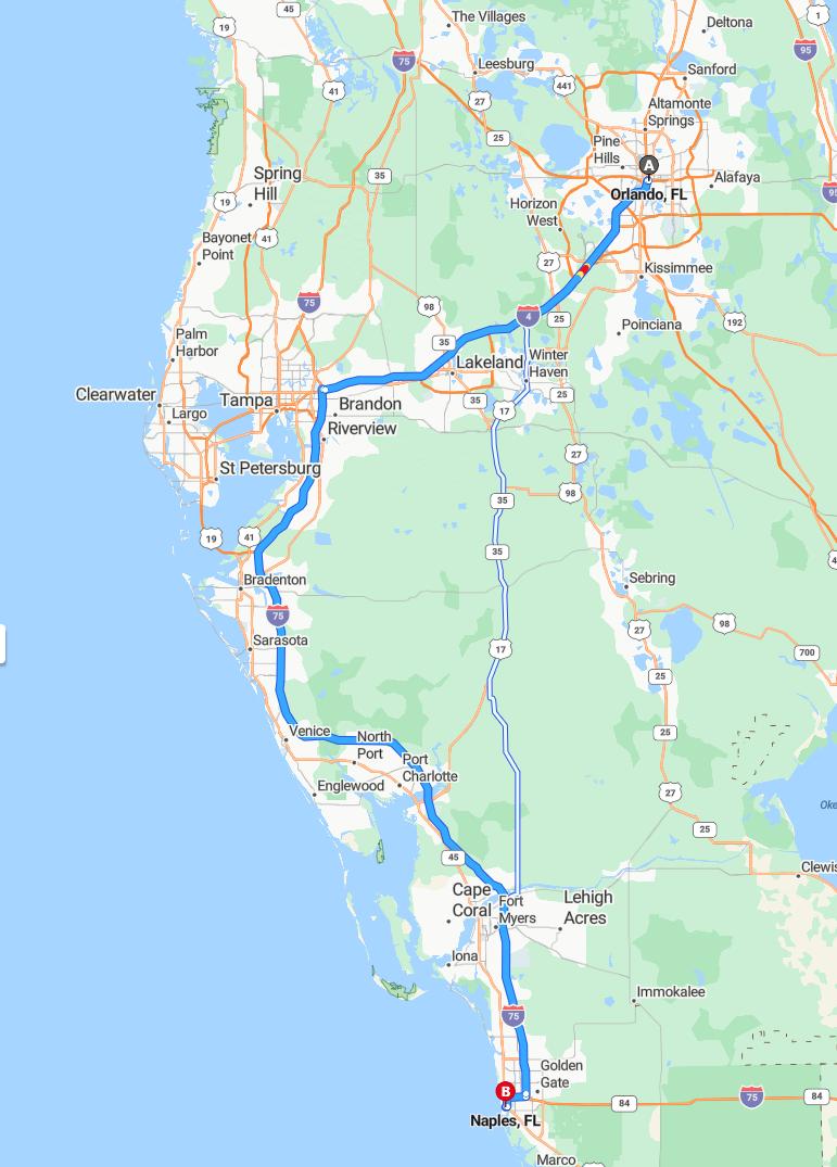 driving from Orlando, Florida to NaplesFlorida - map and route