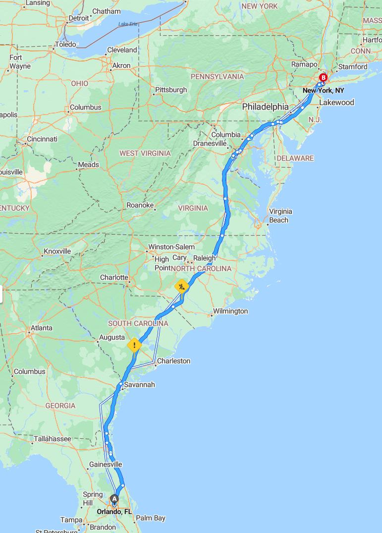 driving from Orlando, Florida to New York CityNew York - map and route