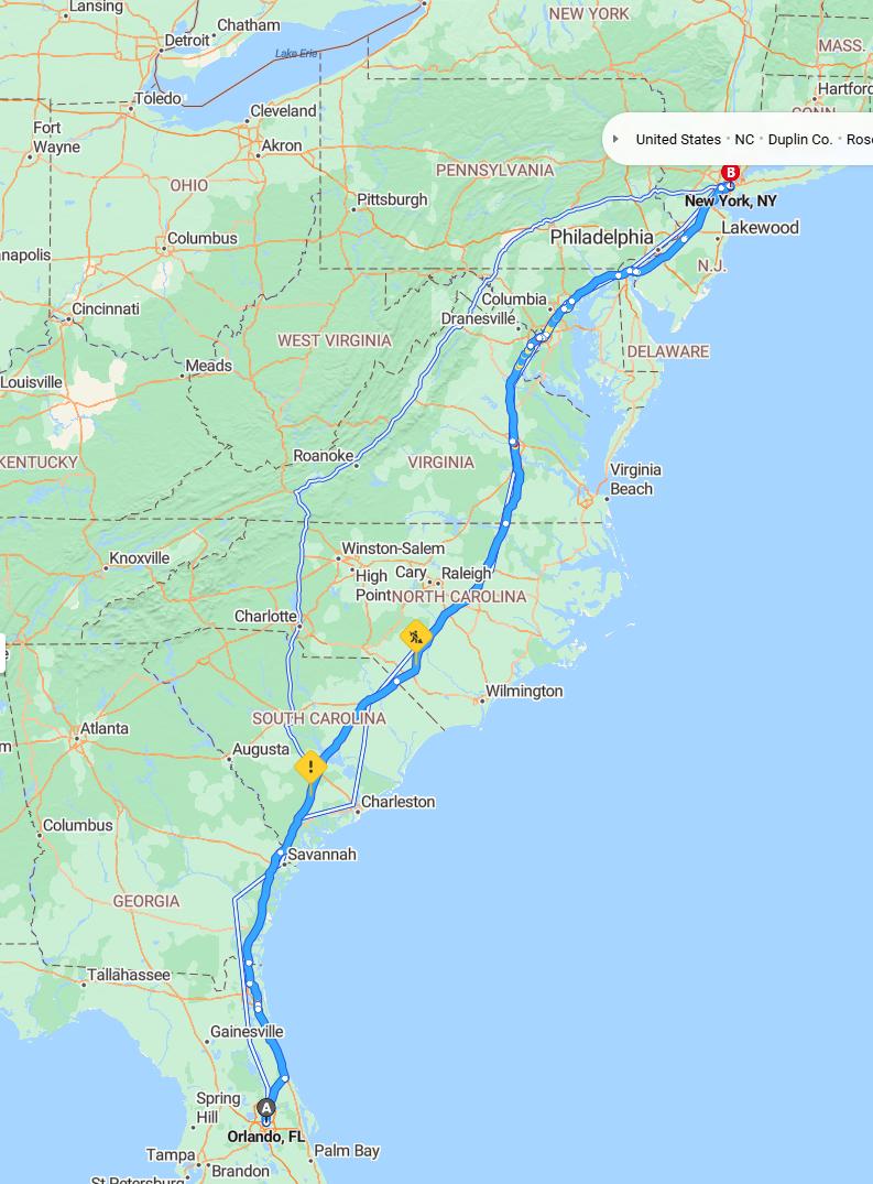 driving from Orlando, Florida to New YorkNew York - map and route