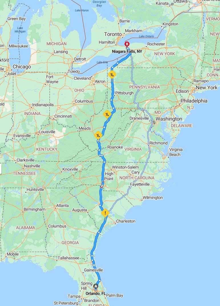 driving from Orlando, Florida to Niagara FallsNew York - map and route