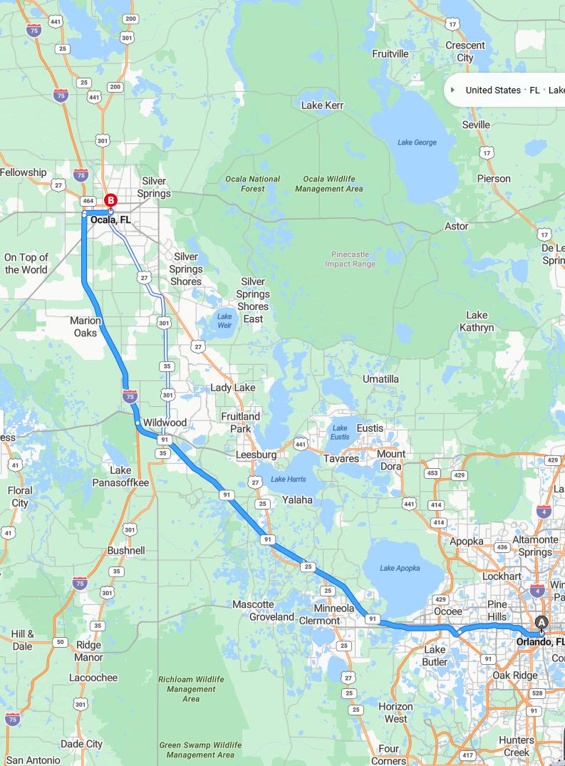 driving from Orlando, Florida to OcalaFlorida - map and route
