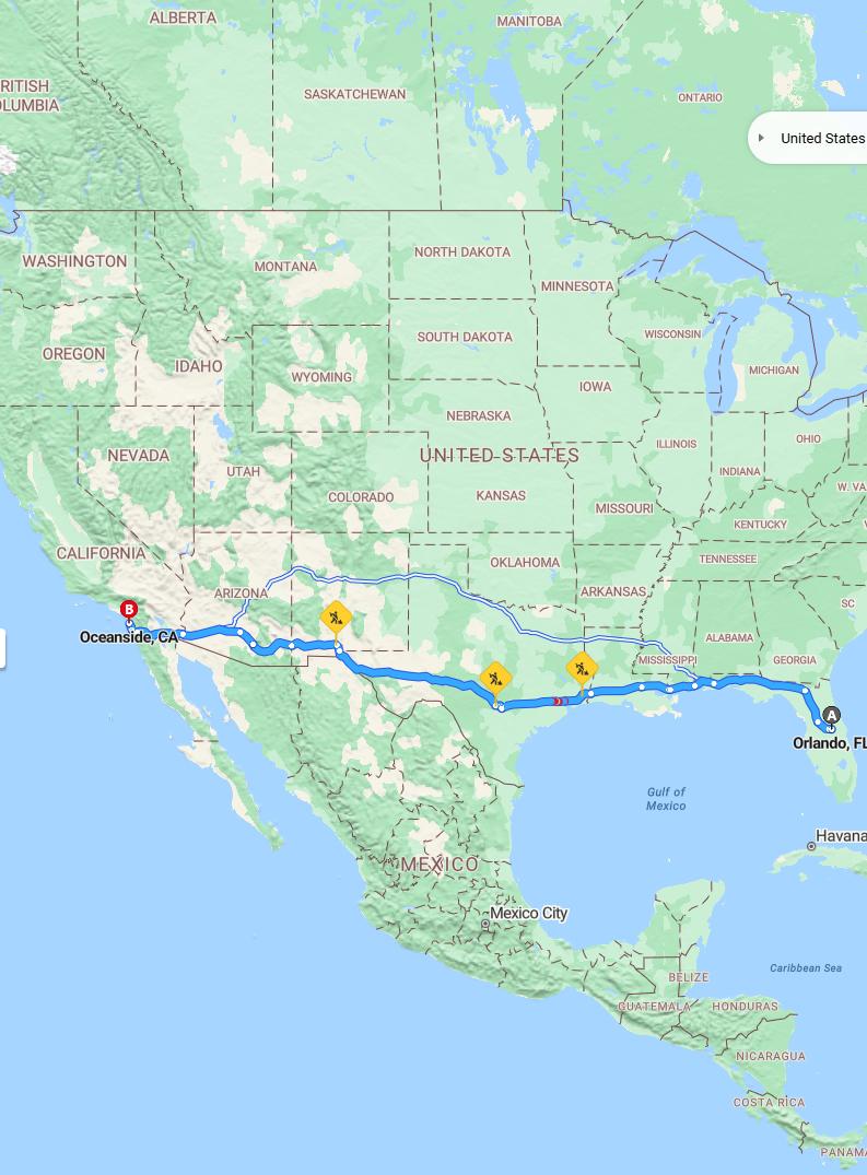 driving from Orlando, Florida to OceansideCalifornia - map and route