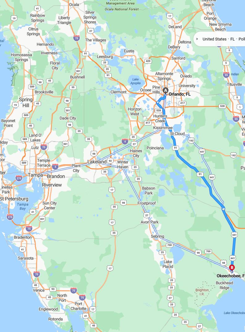 driving from Orlando, Florida to OkeechobeeFlorida - map and route
