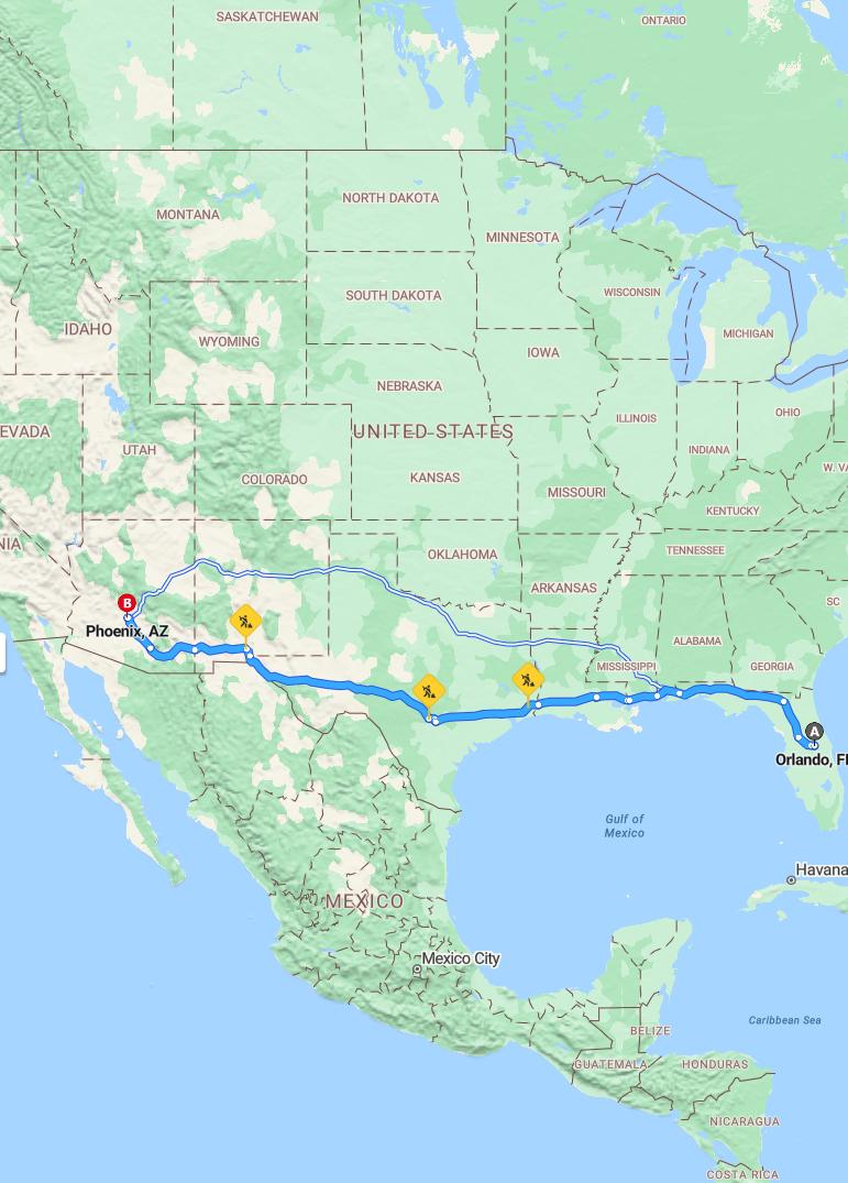 driving from Orlando, Florida to PhoenixArizona - map and route