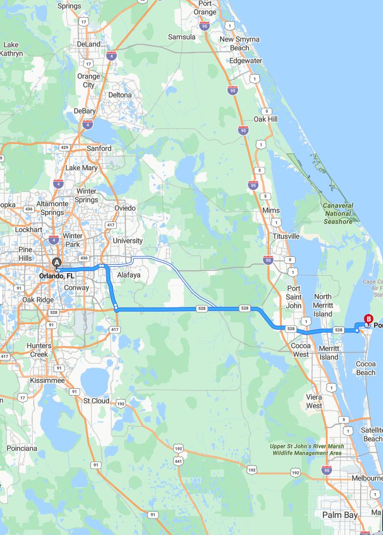 driving from Orlando, Florida to Port CanaveralFlorida - map and route