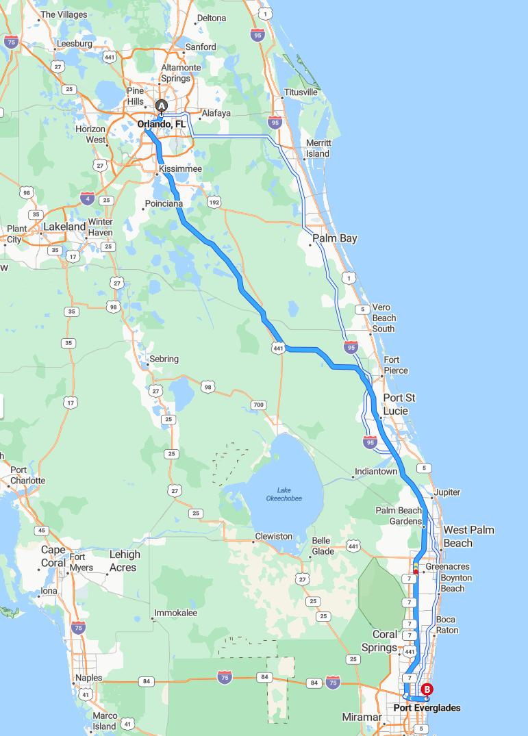 driving from Orlando, Florida to Port EvergladesFlorida - map and route