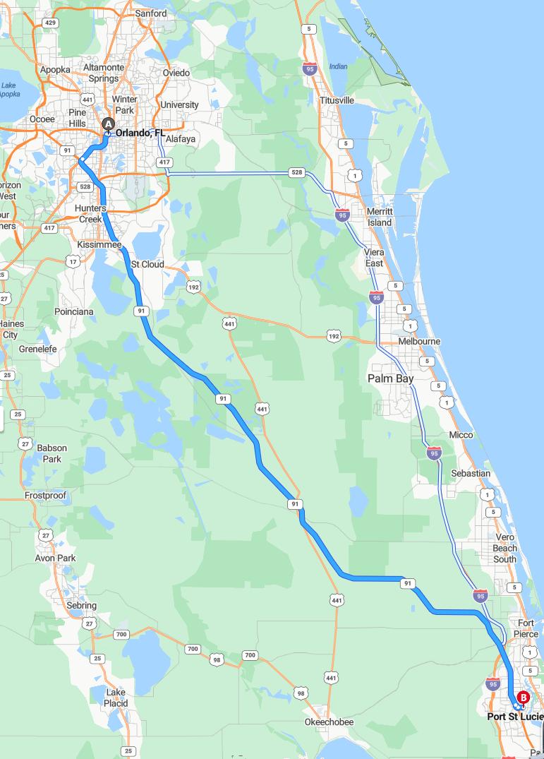 driving from Orlando, Florida to Port St. LucieFlorida - map and route