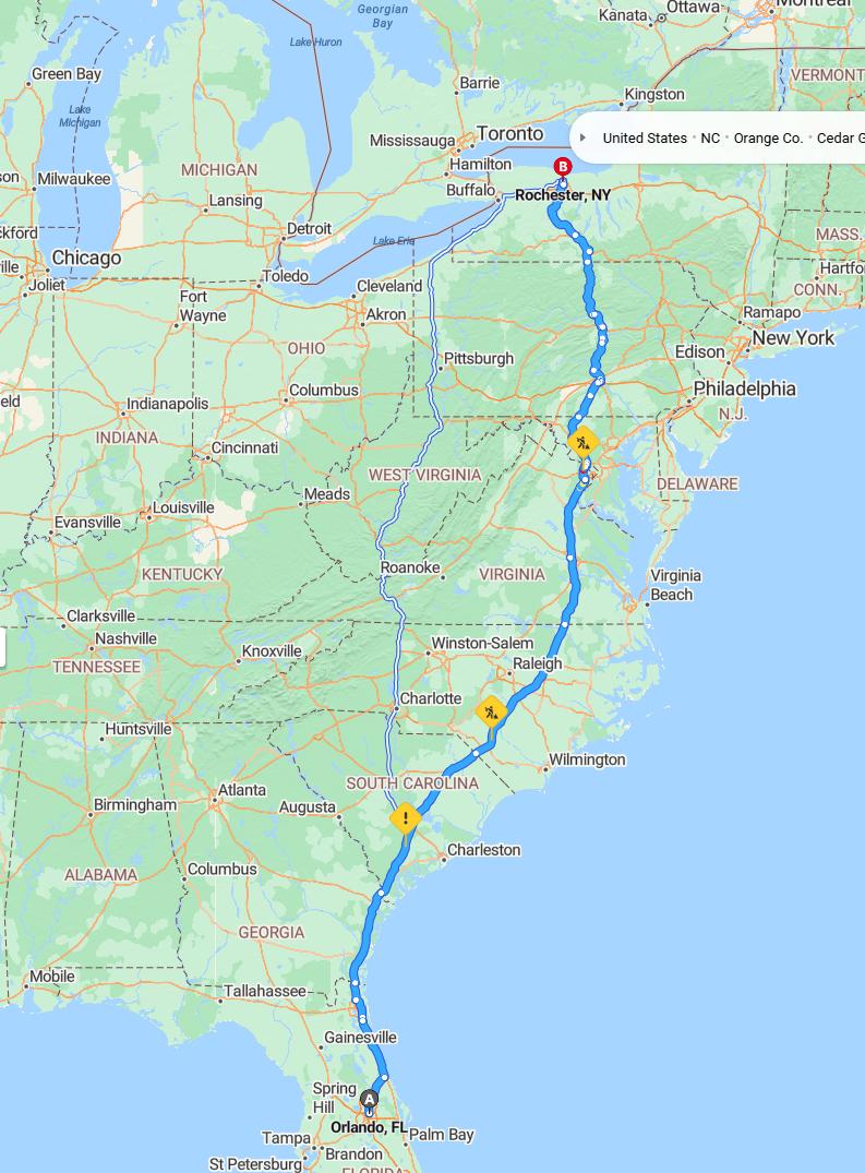driving from Orlando, Florida to RochesterNew York - map and route