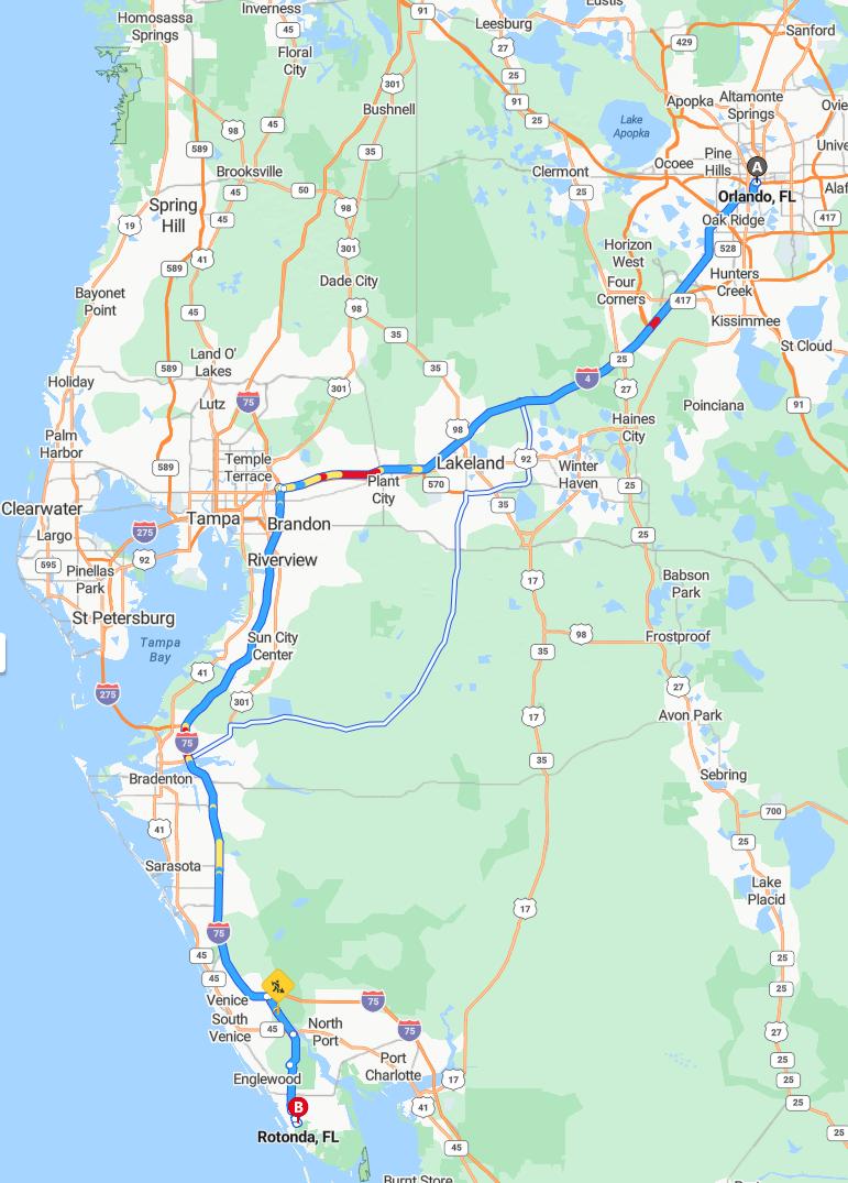 driving from Orlando, Florida to Rotonda WestFlorida - map and route