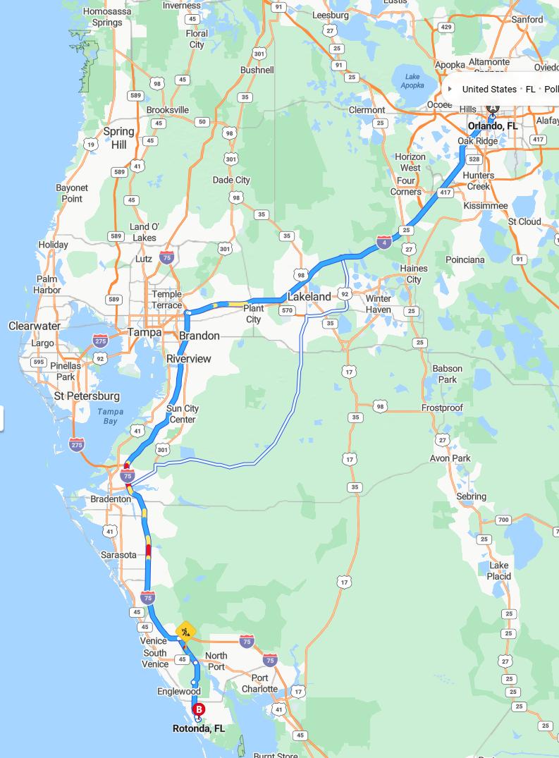 driving from Orlando, Florida to Rotunda WestFlorida - map and route