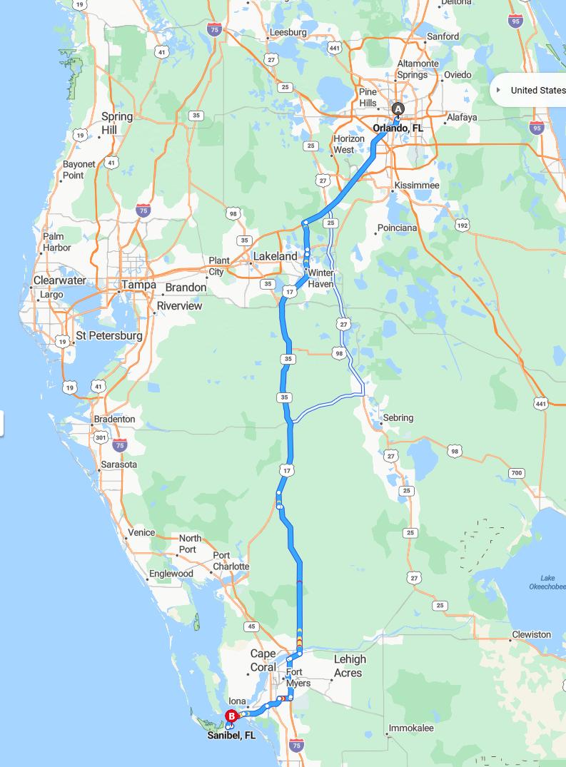 driving from Orlando, Florida to SanibelFlorida - map and route