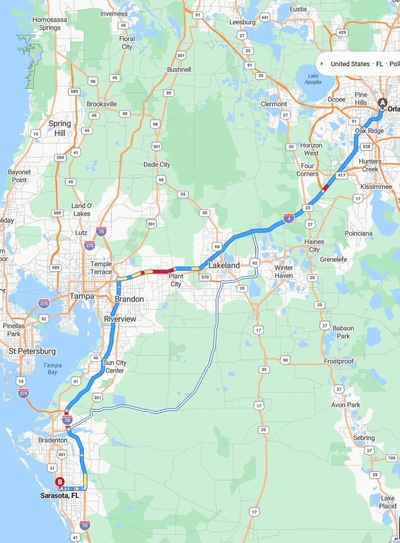 driving from Orlando, Florida to SarasotaFlorida - map and route